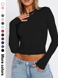 women's solid long sleeve round neck crop tee, casual fitted basic crew neck skinny t-shirt for daily wear, ladies clothes for all seasons, fall tops, tops for women, womenswear, tshirt
