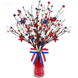 4th of July Decorations Set Patriotic Berry Stems White Blue Red Stars, Pentagram Faux Berry Branches for Independence Day Home Office Restaurant Vase Decor, Artificial Berry Picks 4 Pack, No Glue Needed Reusable