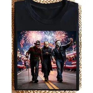 Men's Funny Horror Villains & 4th of July Fireworks T-Shirt - 100% Cotton Patriotic Tee Suitable for Themed Parties, Casual Wear, Year-Round, Machine Washable Round Neck Shirt for