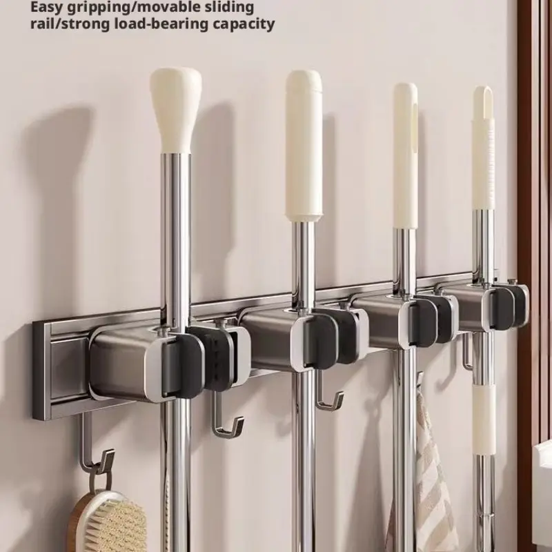 Space Aluminum Mop Holder No Drilling, Multi-Functional Wall-Mounted Bathroom Mop Rack, Suitable for All Families, Home Storage Solution