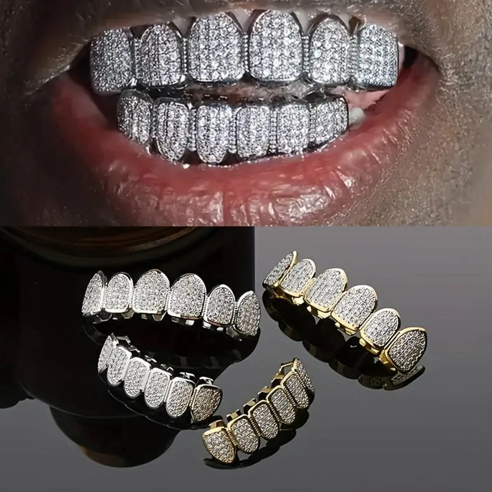 Cross-border popular hip-hop grillz, copper zircon micro-inlaid, real gold electroplated, non-fading, exaggerated hip-hop grillz4th of July  favors、bulk  favors spooky Reindeer Antler Windproof Hat Set Bulk Halloween Hanging Witch
