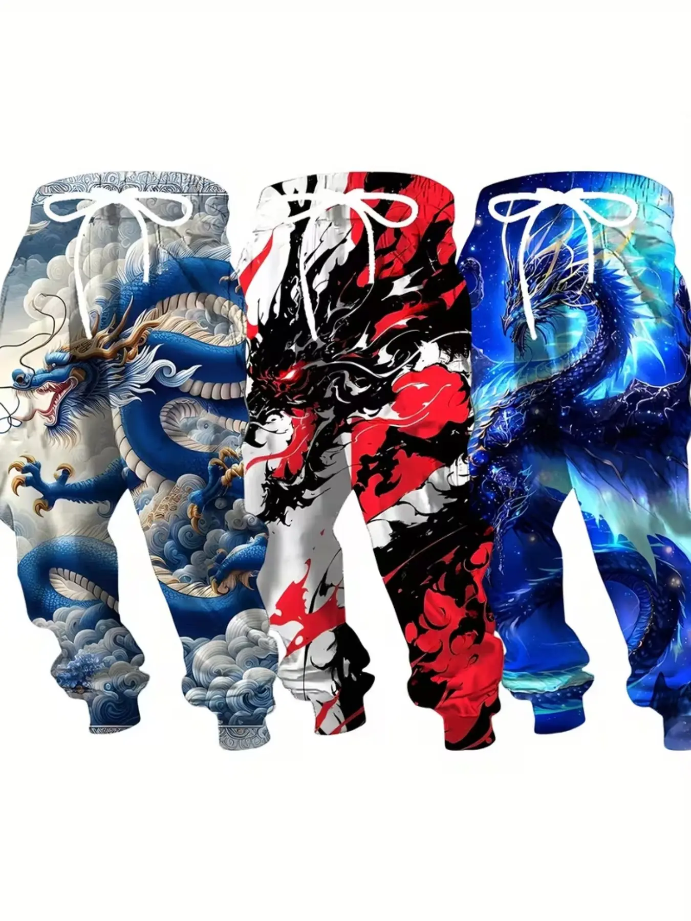 3-Piece Set Traditional Dragon Digital Print Sweatpants, Blue Cloud Dragon Ink Dragon Starry Sky, Casual Ankle-Length Long Pants for Men