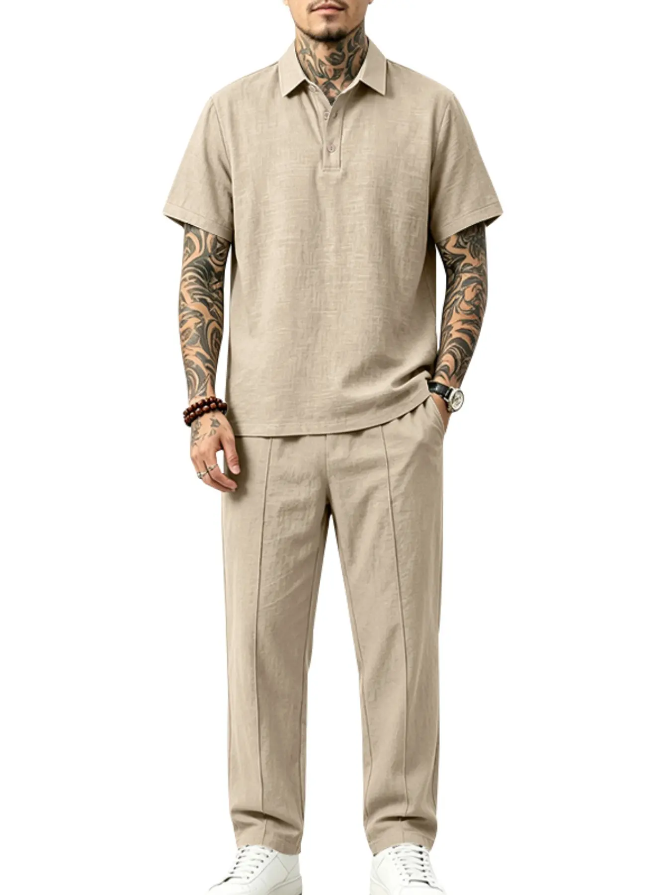 Men's Linen Two-Piece Set, Short Sleeve Stand Collar Shirt + Drawstring Pants, Breathable Lightweight Summer, Casual Beach Wear Outfit
