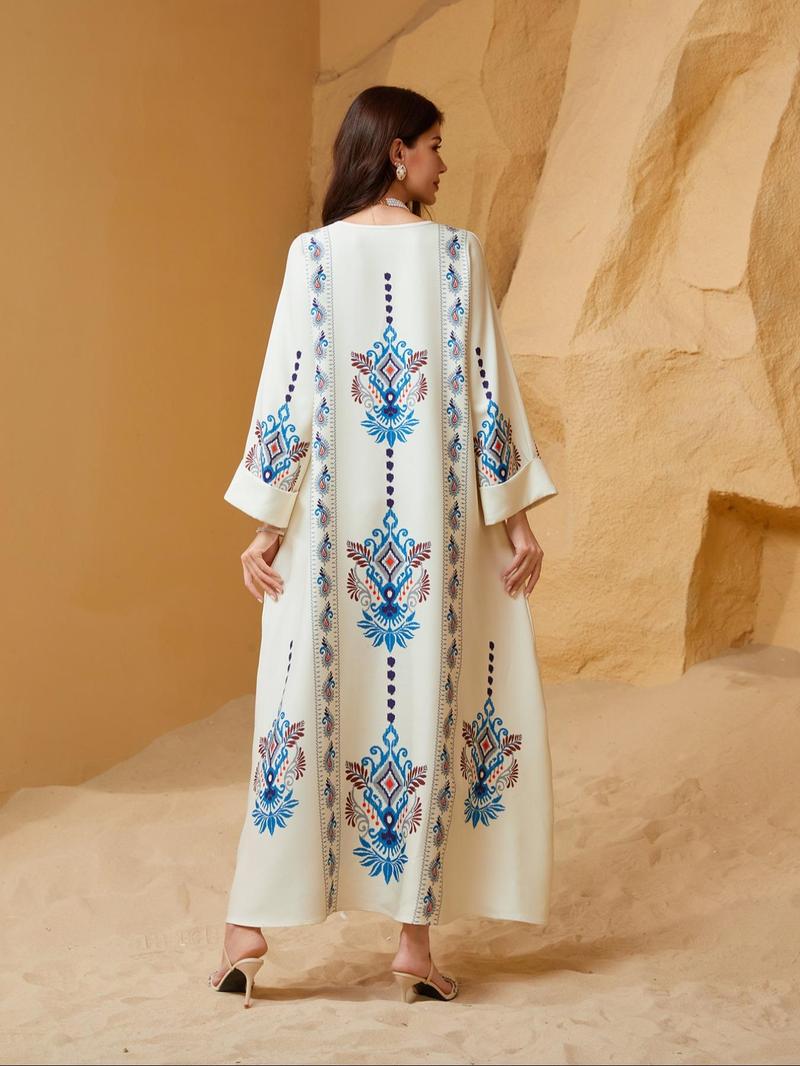 Middle Eastern Women's Embellished Pearl Round Neck Floral Printed Luxurious Elegant Jalabiya Dress, Loose-Fitting All Seasons Fashion