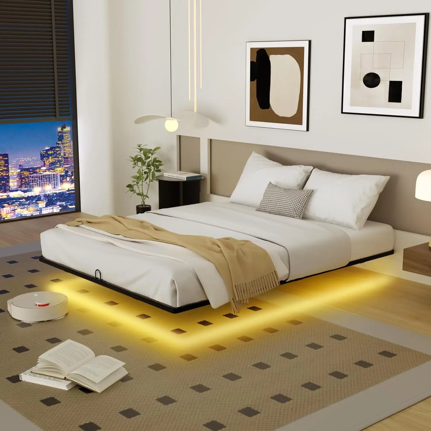Size Floating Bed Frame with  LED Lights, Modern Metal Platform Floating Bed Frame  - Heavy Duty Easy Assembly No Box Spring