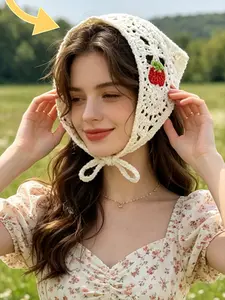 2pcs Hand Crochet Fruit Triangle Headscarf, Cherry & Pineapple 3D Applique, Hollow Knit Kerchief, Adjustable Tie, Cottagecore Summer Hair Wrap
