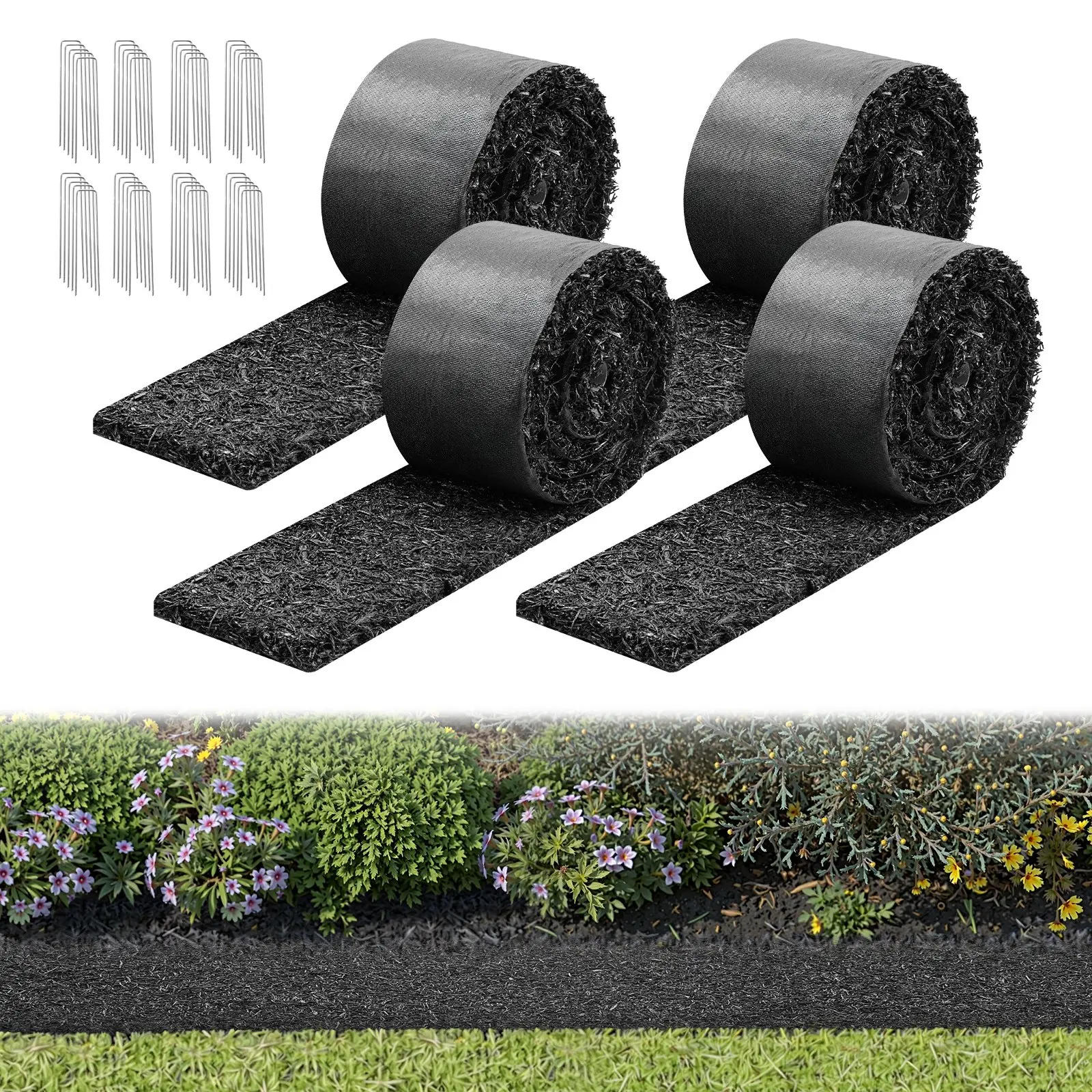 VEVOR 4-Pack Recycled Rubber Mulch Mat Roll, 120x4.5x0.5 in Cuttable Edging Border with Stakes, Natural-Looking Landscape Barrier for Yard, Garden Area