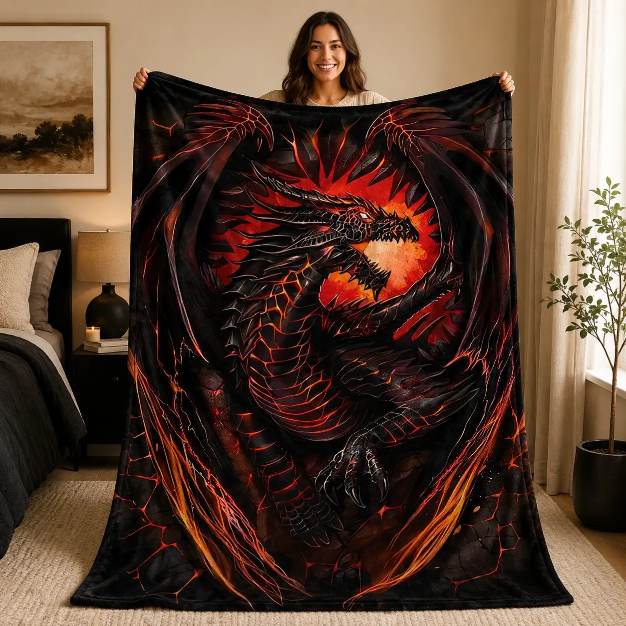 1pc Lava Black Dragon Flannel Blanket, Fantasy Fire Dragon Lava Crack Gothic Print Soft Warm Throw for Sofa Bed Office Camping Travel Birthday Christmas Gift