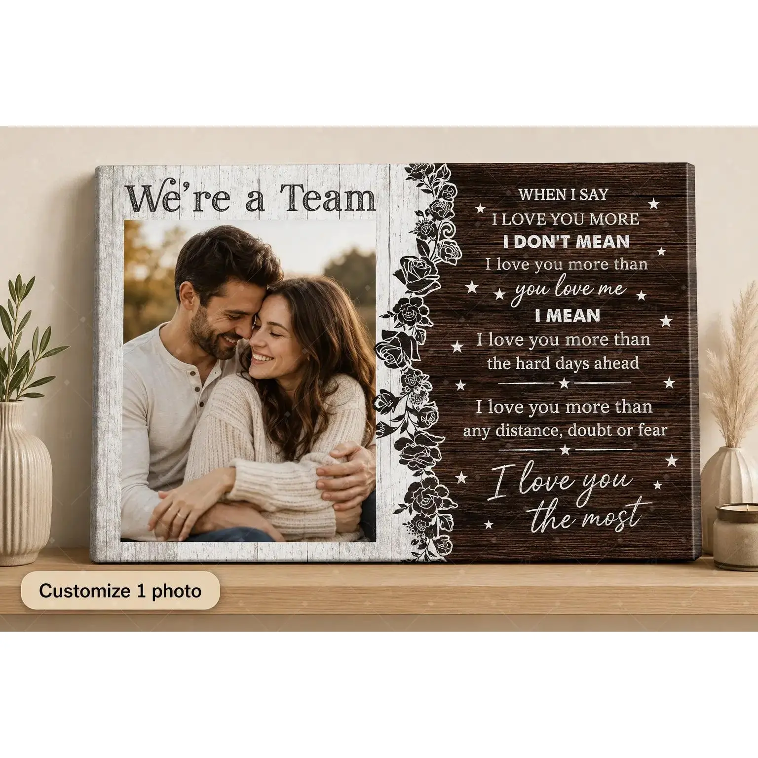 Personalized Rustic Couple Photo Canvas Wall Art, We're A Team Floral Quote Custom Picture Poster Print, Romantic Bedroom Living Room Entryway Decor Poster Print, Anniversary Wedding Valentine Housewarming Gift, Unframed Canvas Poster or Framed Canvas Wra