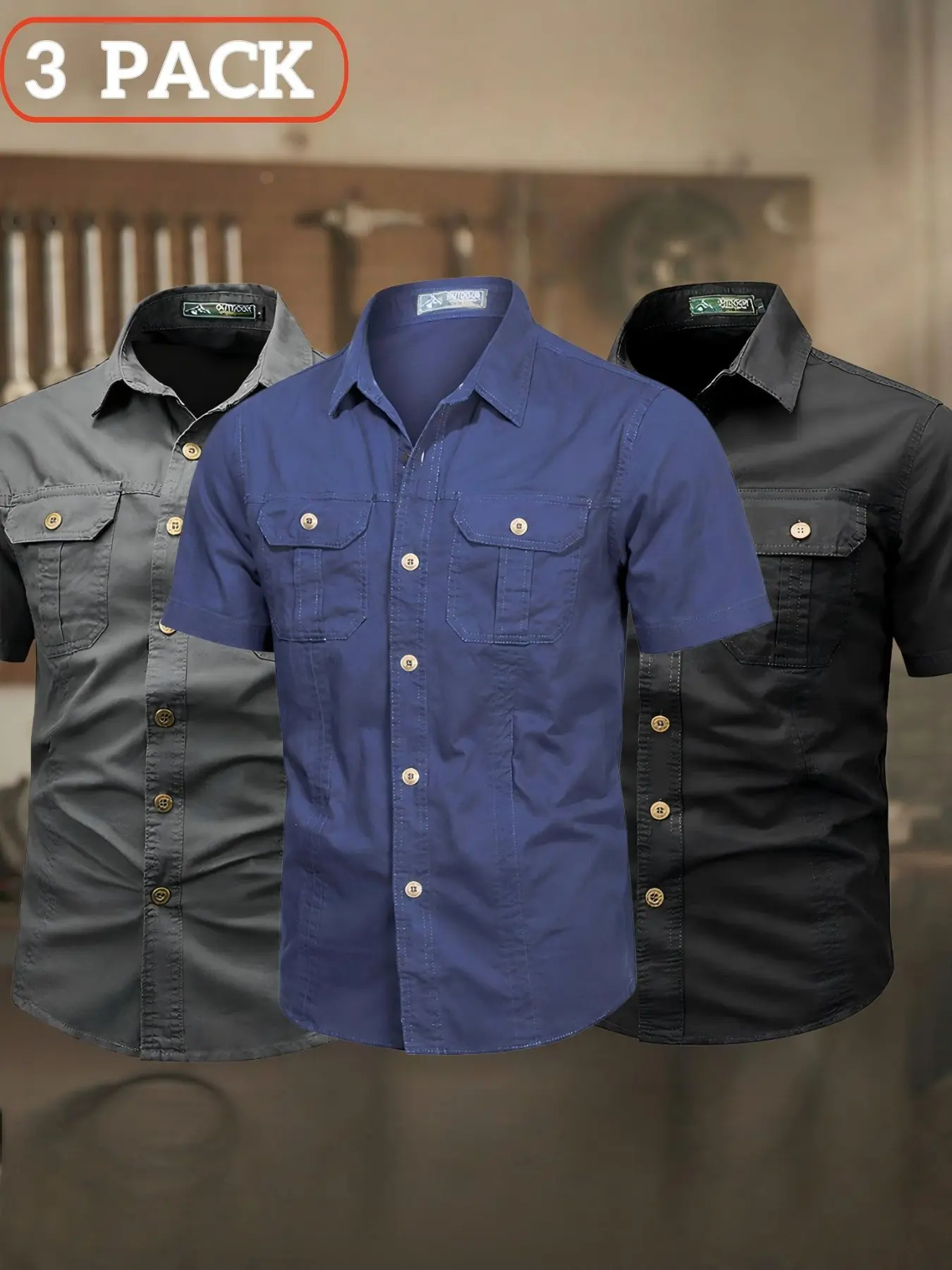 3-Pack American Style Dual Pocket Workwear Short Sleeve Collared Shirts for Men, Fitted Casual Top, Spring & Fall, Perfect for Commute and Outdoor Activities