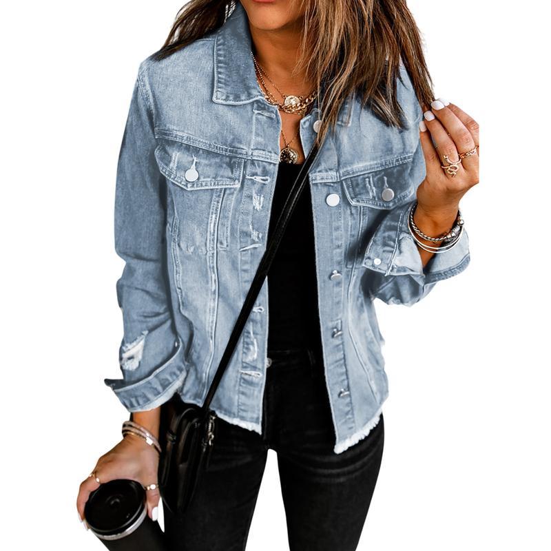 Women's Jean Jackets Non Stretch Boyfriend Washed Distressed Ripped Lapel Long Sleeve Denim Jacket Tops 2025 Spring Fall Womenswear Outfits Casual Coats