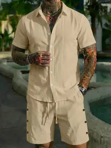 Summer Men's Short Sleeve Shirt and Shorts Set, Menswear, Linen Material, Casual Beach Vacation, Comfortable and Stylish