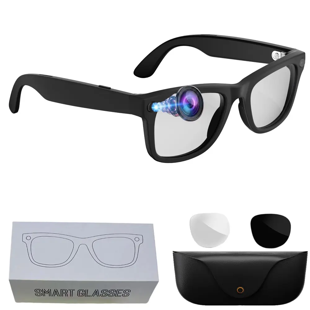 Bluetooth AI Smart Glasses for Video,8MP Camera,One Click Recording, 3280*2464Pixel Photo Capture, Bluetooth Calling, Music Playback,Leather Charging Case, 2GB Memory,300Mah Battery, IP65 Waterproof, AI Translation (26 Languages), 2 Lenses Total