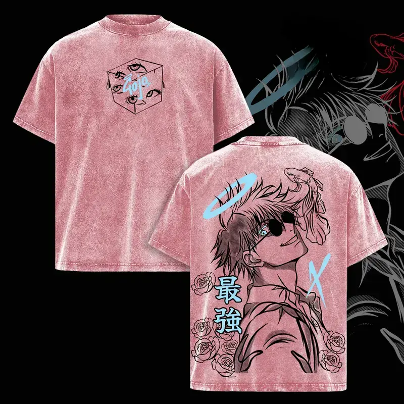 Women's Jujutsu Kaisen Gojo Satoru Vintage Washed Oversized Shortsleeve Casual Tee - Medium Length, Soft Cotton, Anime Art Graphic Print, Unisex Streetwear Top, Machine Washable Gift for JJK Fans