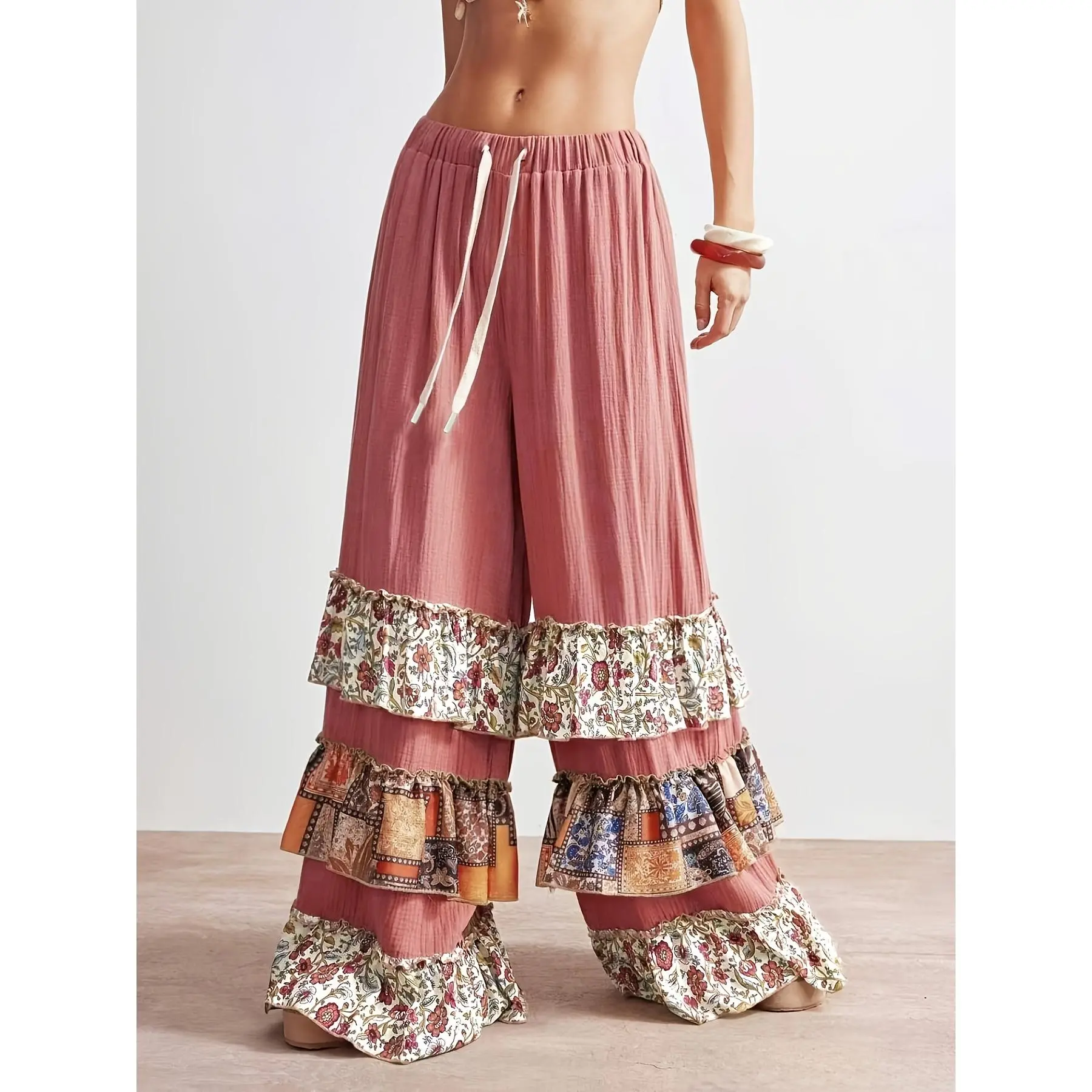 [Bohemian Wide-Leg Pants] Women's Bohemian Wide-Leg Pants with Vintage Floral Print & Ruffle Hem - Loose Fit Color-Block Patchwork Trousers Suitable for Music Festivals, Beach Vacations, Carnival Costumes, Spring Summer Outfits - Machine Washable Non-Belt