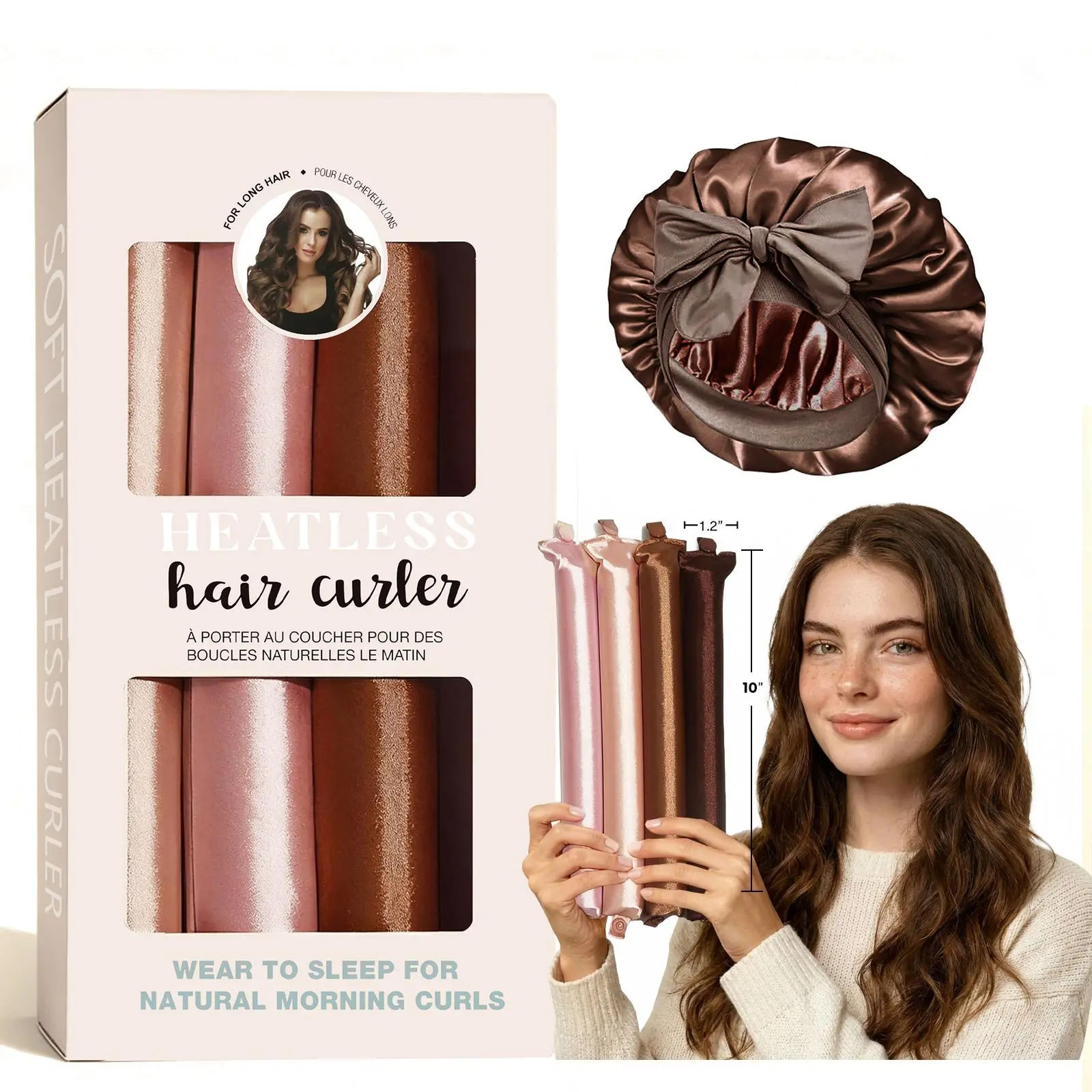Women's Satin Heatless Curling Rod Set - 4pcs Jumbo Flexible Heatless Styling Tools, Soft Hair Curlers, Rosewood Hair Accessories, Wear to Sleep for Natural Morning Curls Summer Set, Natural Curls