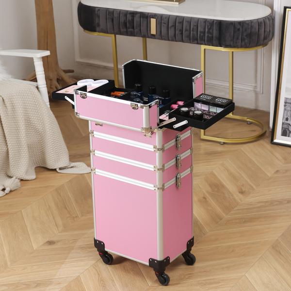 4 In 1 Aluminum Makeup Case Pink, Professional Cosmetic Storage Box for Makeup Tools Brushes and Accessories, Portable Beauty Organizer for Travel and Home Use