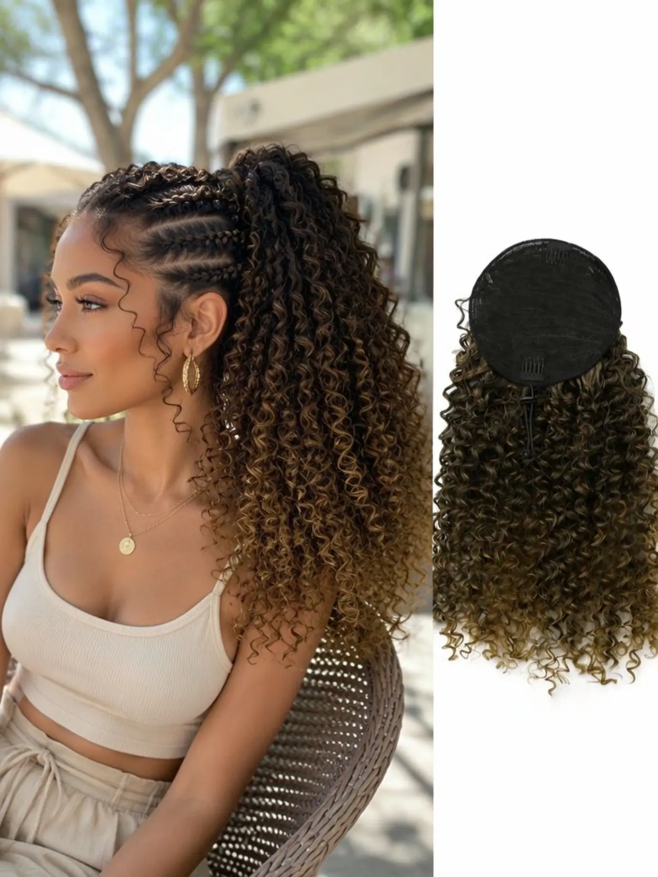 Curly ponytail Braided  hair extension clips, suitable for women's drawstring ponytails Extensions, 18-inch (45.7 cm) synthetic fiber ponytail, mixed brown wig braid, 2 hair clips (mixed brown to brown)