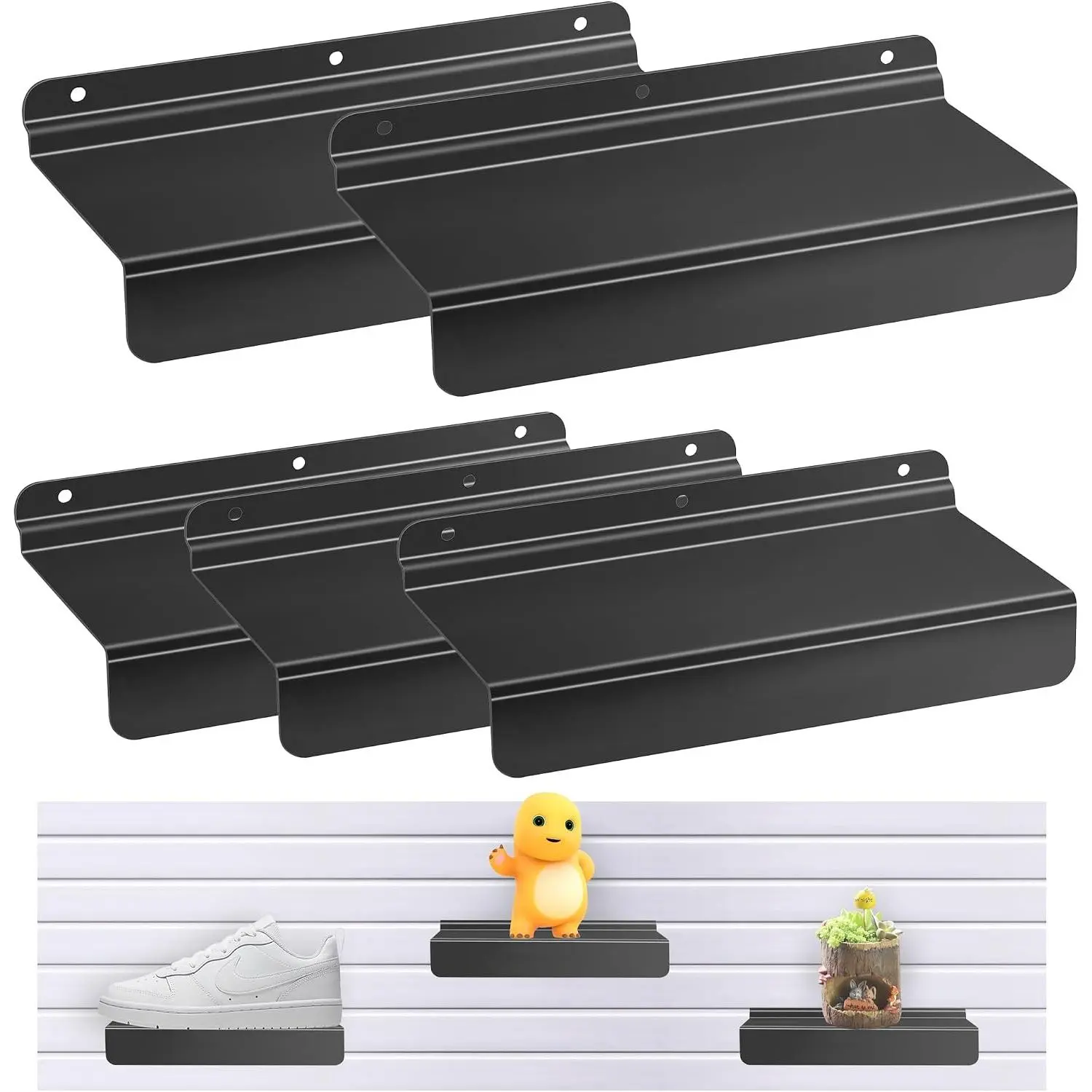 Slatwall Shelves, Slatwall Panel Accessories, Floating Slat Wall Shelf Shelves for Shoes, Black Metal Flat Slat Board Accessories for Retail Display, 9 x 4 inch (5 Pcs)