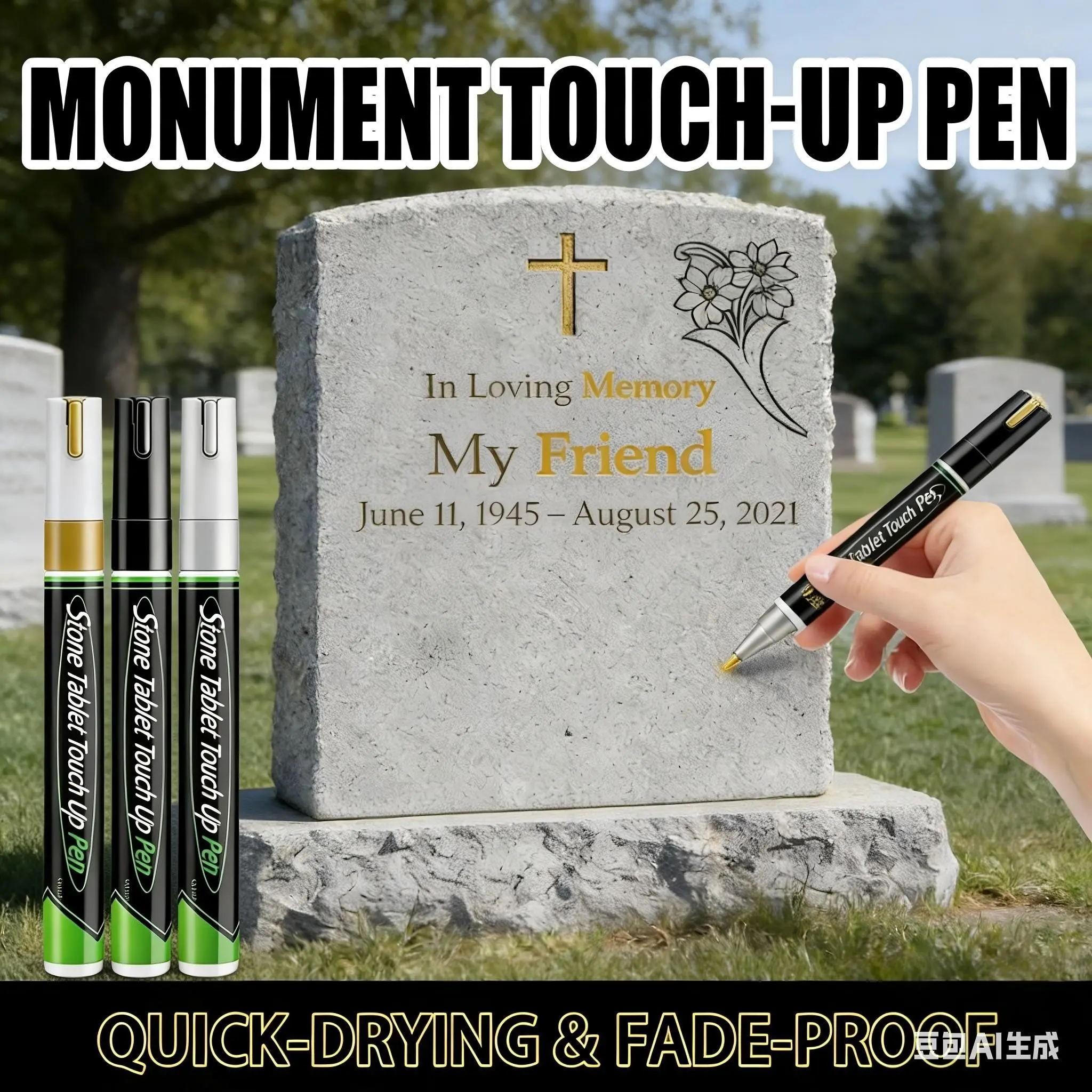 Tombstone repair paint pen, quick drying and fade resistant stone marker pen, DIY handmade stone transformation, suitable for rocks, glass, ceramics, wood, tires, fabrics, metals, canvas, marking, painting