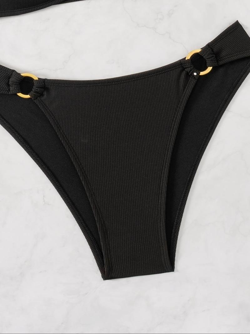 Women's Solid O-ring Knot Halter Bikinis Set, Casual Wireless Swim Top & High Cut Swim Bottom, Ladies Summer Swimwear for Beach Holiday Vacation, Swimsuit Style Bikini