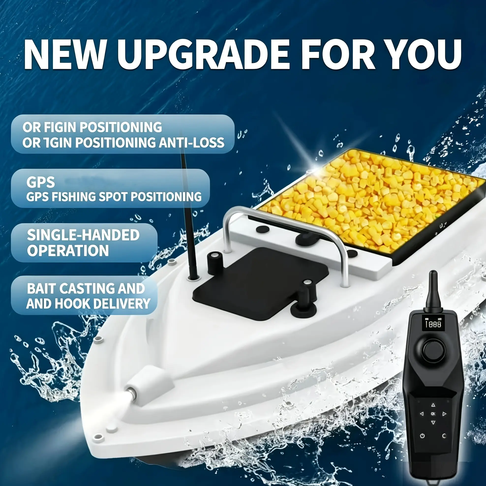 Multifunction GPS Remote Control Fishing Bait Boat, 500m RC Range, 2-Point Positioning, 1-Key Return, Low Battery Auto-Return, Large Single Heavy-Load Hopper, Night Fishing LED Light, Anti-Loss System, Durable for Anglers’ Lake/River/Offshore Use