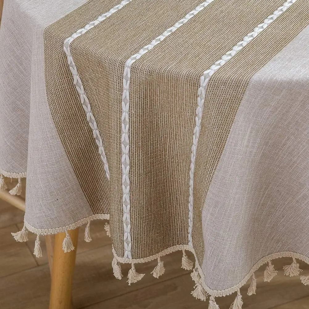 Farmhouse Tablecloth Heavy Weight Stitching Tassel Cotton Linen Dust-Proof Table Cloth for Kitchen Dinning Tabletop Decoration (Round, 60 Inch, Linen)