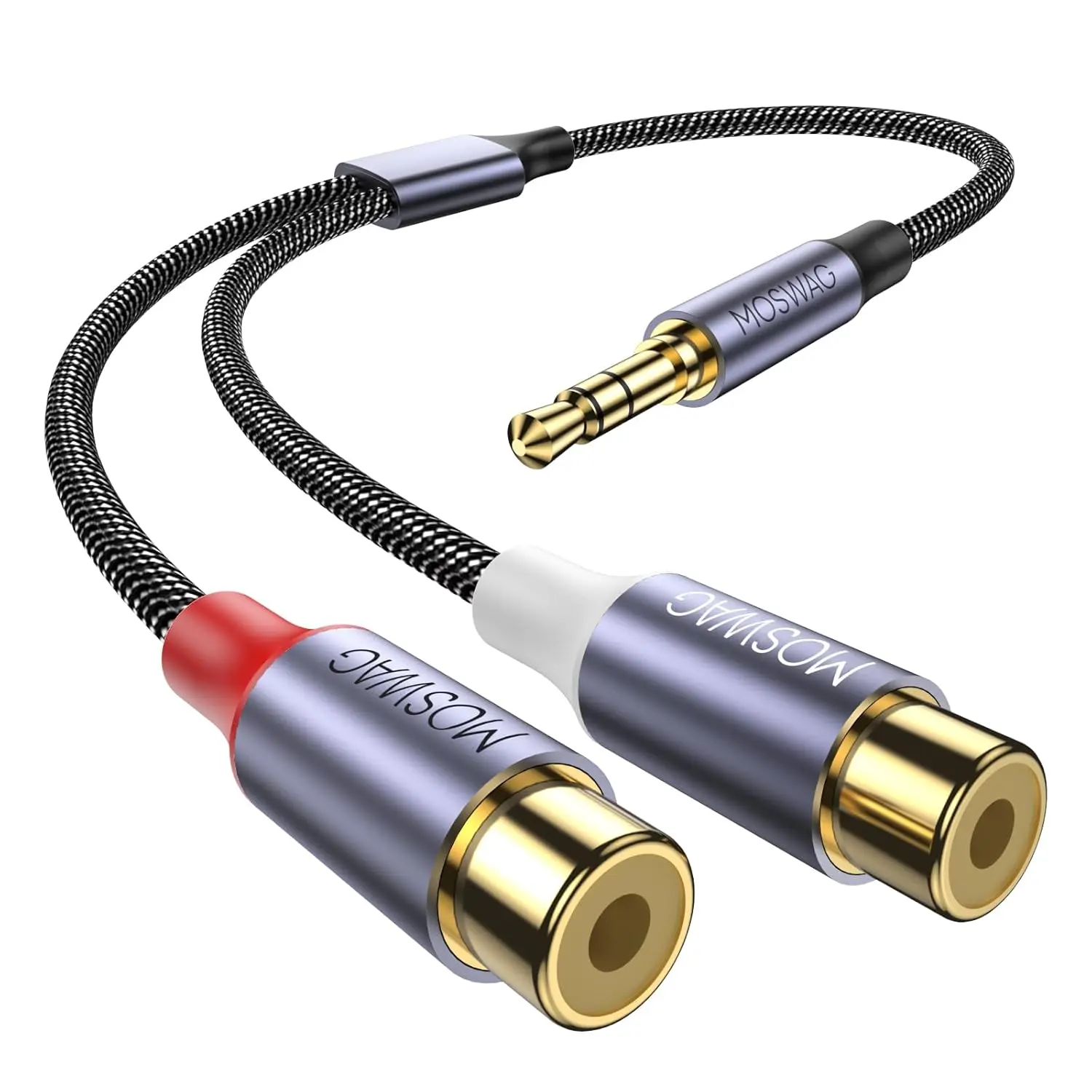 MOSWAG Nylon Braided 3.5mm Male to 2 RCA Female Y Splitter Cable (1 Pack) - AUX Audio Accessory, Compatible with Smartphones, MP3s, Tablets, Speakers, Home Theater, HDTV, with Protective Case, HDMI Dual Monitor Support, Accessories, Nylon Braide