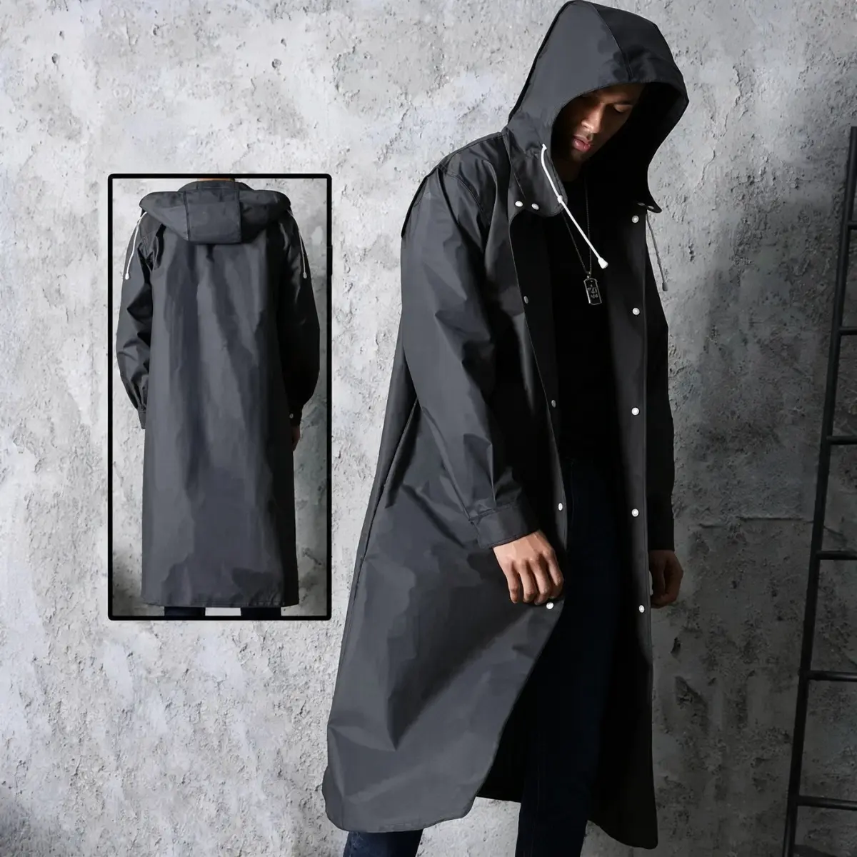 Unisex EVA Waterproof Long Rain Jacket with Hood, Lightweight Full-Length Raincoat with Extended Coverage for Hiking, Camping, Travel, Commuting, Walking and Everyday Outdoor Use