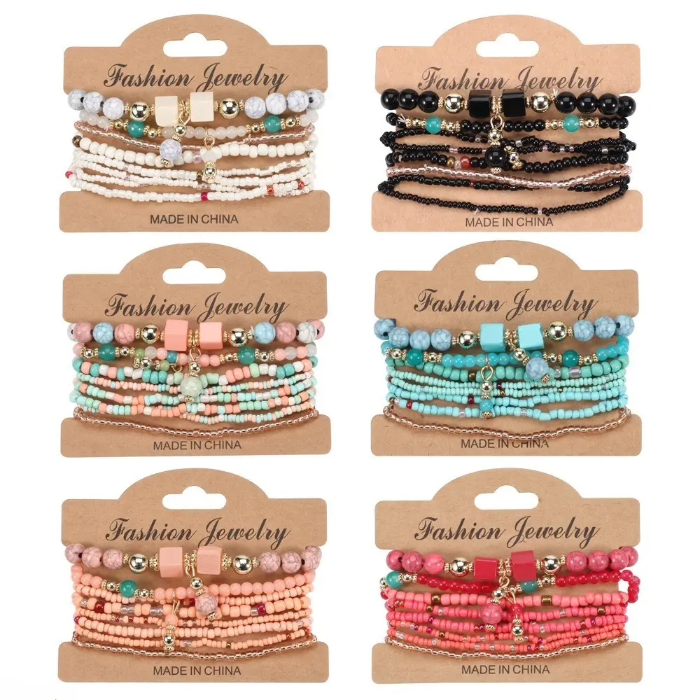 Women's 6-PCS Handmade Seed Bead Boho Layered Bracelet Set - Comfortable, Romantic Beach Bag Charm Jewelry for Mix & Match Fashion