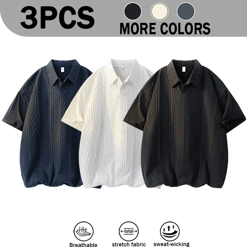 2PCS Combo Men's 3D Diamond Embossed Textured Collar Short Sleeve Top, Solid V Notch Half Placket Loose Curved Hem Lightweight High Elastic Breathable Sweat-Wicking Quick Dry Drop Shoulder Casual Collared T-Shirt For Daily Campus Commute Layering