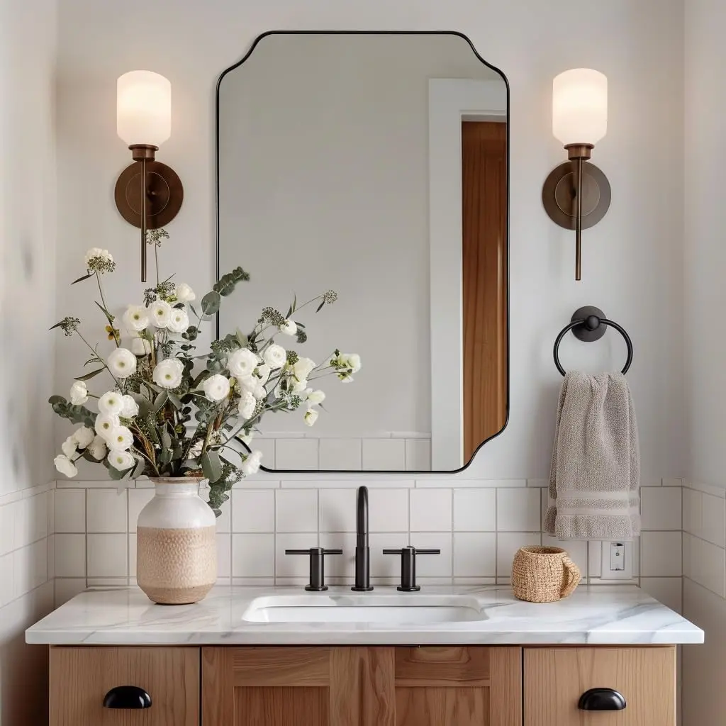 Bathroom Vanity Mirror, 24x36 Inch Matte Black Mirror, Modern Rectangle Mirrors for Bathroom, Asymmetrical Wall Mirror with Scalloped Round Corner