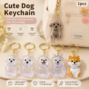 Transparent puppy keychain charm, acrylic pet accessory that stores pet fur. Great decoration for keys, backpacks and handbags, ideal keepsake gift for dog owners and pet lovers, available in various cute dog breed designs.