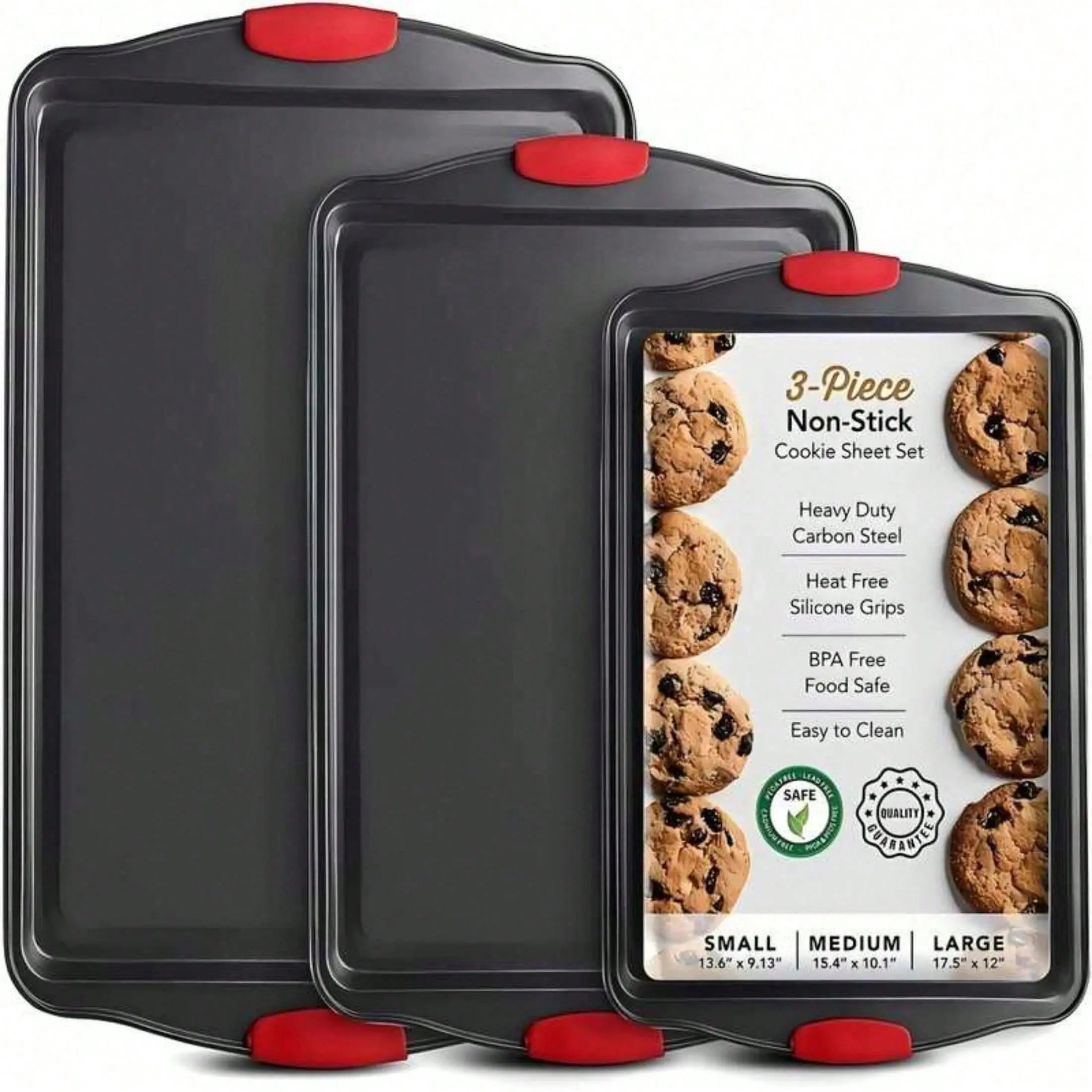 3-Piece Non-Stick Carbon Steel Baking Tray Set, Food-Grade Heavy Metal Free, 420°F Oven Safe with Detachable Silicone Heat-Proof Handles, S/M/L Sizes for Cookies, Bread & Roast Chicken, Stackable Easy-Clean High Quality Bakeware for Home & Dorm Kitchen