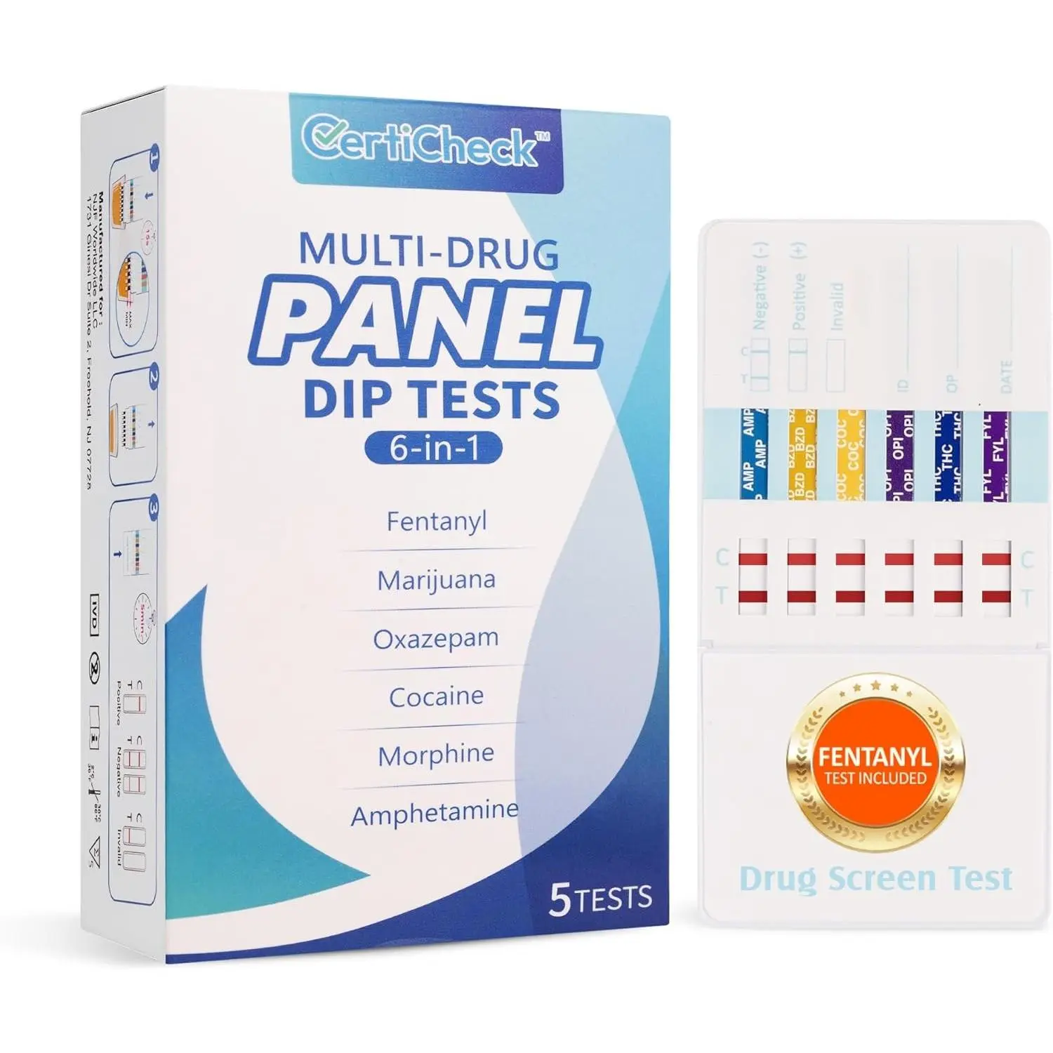 6 Panel Federal Multi-Drug Urine Test Kit, Federal 5 Urine Drug Test with Fentanyl (1 ng/mL), Cocaine, Amphetamines, Opiates, PCP & THC Tests for Home Use, Fast Results Multi-Panel Dip Tests at Home