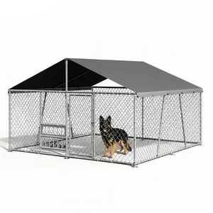 Outdoor Dog Kennel, Outside Dog Enclosure with Waterproof Cover & Adjustable Bowls Feeder for Medium to Large Dogs