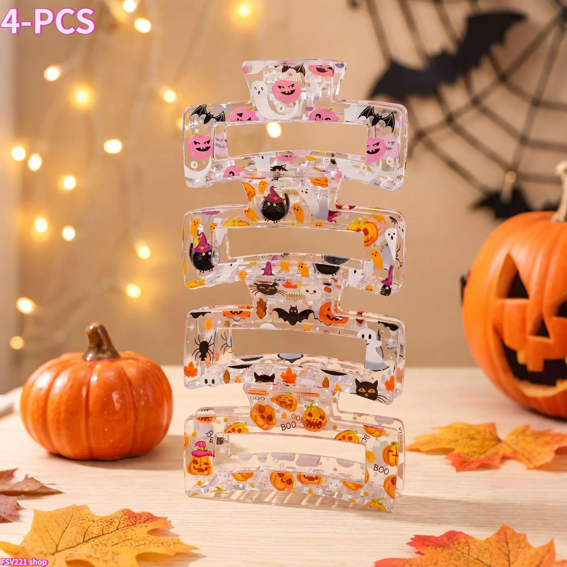 4PCS Halloween Hair Claw Clips for Women Girls, Cute Pumpkin Ghost Pattern Transparent Acrylic Hair Clips, Aesthetic Fall Kawaii Barrettes with Strong Hold Lightweight Design, Fun Hair Accessories for Halloween Party, Costume & Daily Styling
