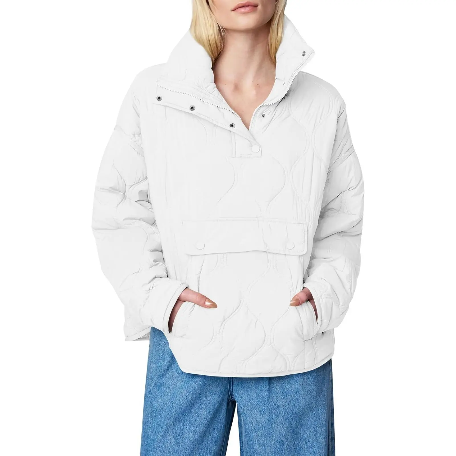Yousify Womens Puffer Jackets Pullover Quilted Lightweight Jacket Long Sleeve Half Zip Up Coat with Pocket S-2XL