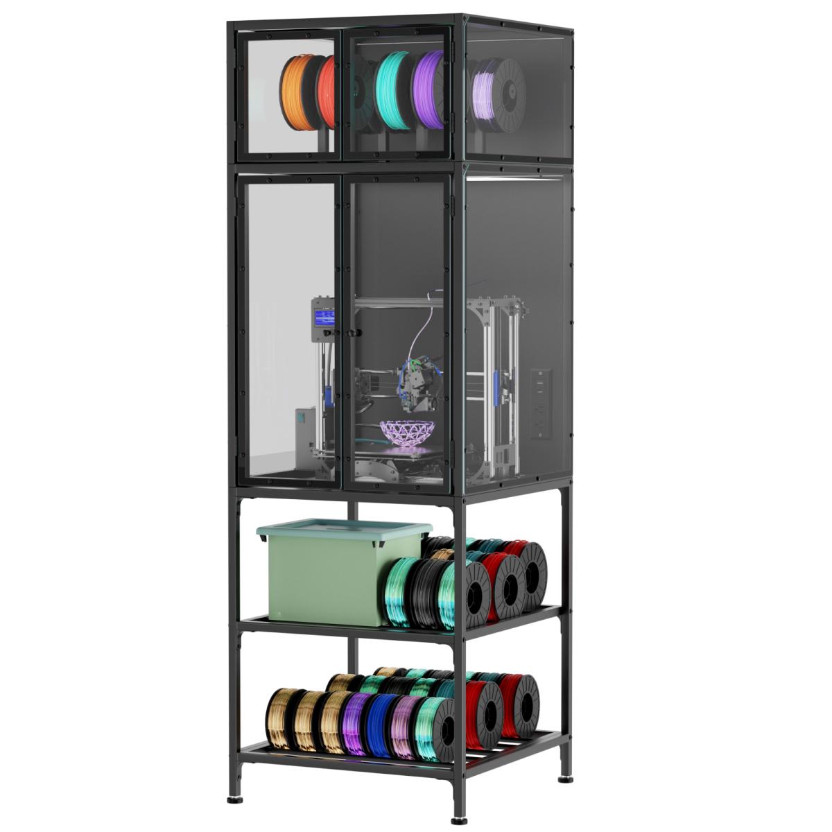 3D Printer Cabinet with Double Layer 3D Printer Filament Storage Rack, T-Shaped Filament Bar & Noise-Reducing, Dust-Proof Design, Suitable for Studio, Office Storage and Organization