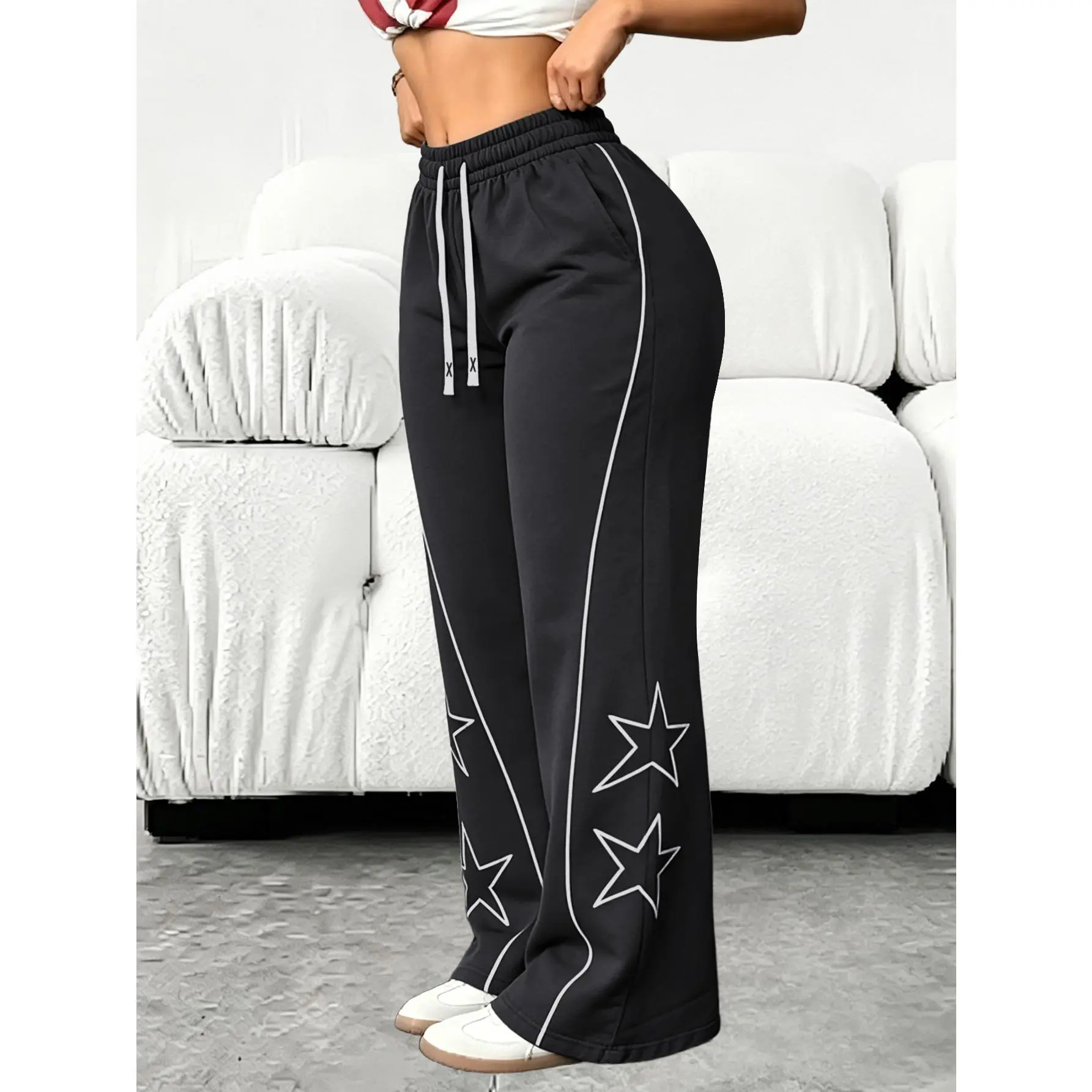 Women Spring Summer Solid Wide Leg Pants Star Print Line Letter Graphic Loose Y2K Casual Trousers Streetwear Comfortable Daily Outdoor OOTD