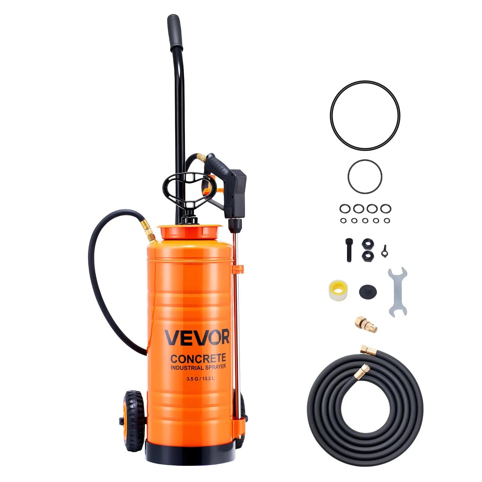 VEVOR Industrial Concrete Sprayer with Wheeled Cart, 3.5 Gallon Stainless Steel Sprayer, Heavy Duty Tri-Poxy Pump Sprayers, 20.5"Wand, 48" 120"Hoses, 2 Brass Nozzles for Construction, Lawn Garden