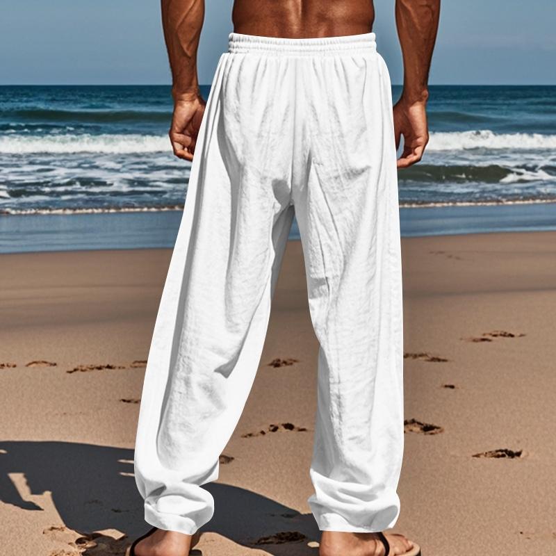 Men's solid - color premium linen straight - leg pants, comfortable beach pants with pockets. They are loose - leg pants for men's daily summer wear, featuring loose wide - leg design, light - colored washed finish and a loose fit, Casual Comfy Pants