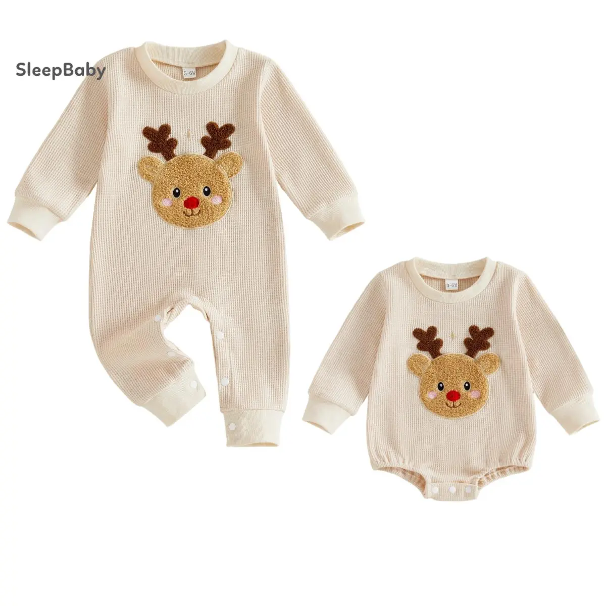 Newborn Infant Baby Christmas Waffle Knit Romper, Fuzzy Reindeer Face Applique Long‑Sleeve Onesie, Soft Thermal Festive Winter Outfit