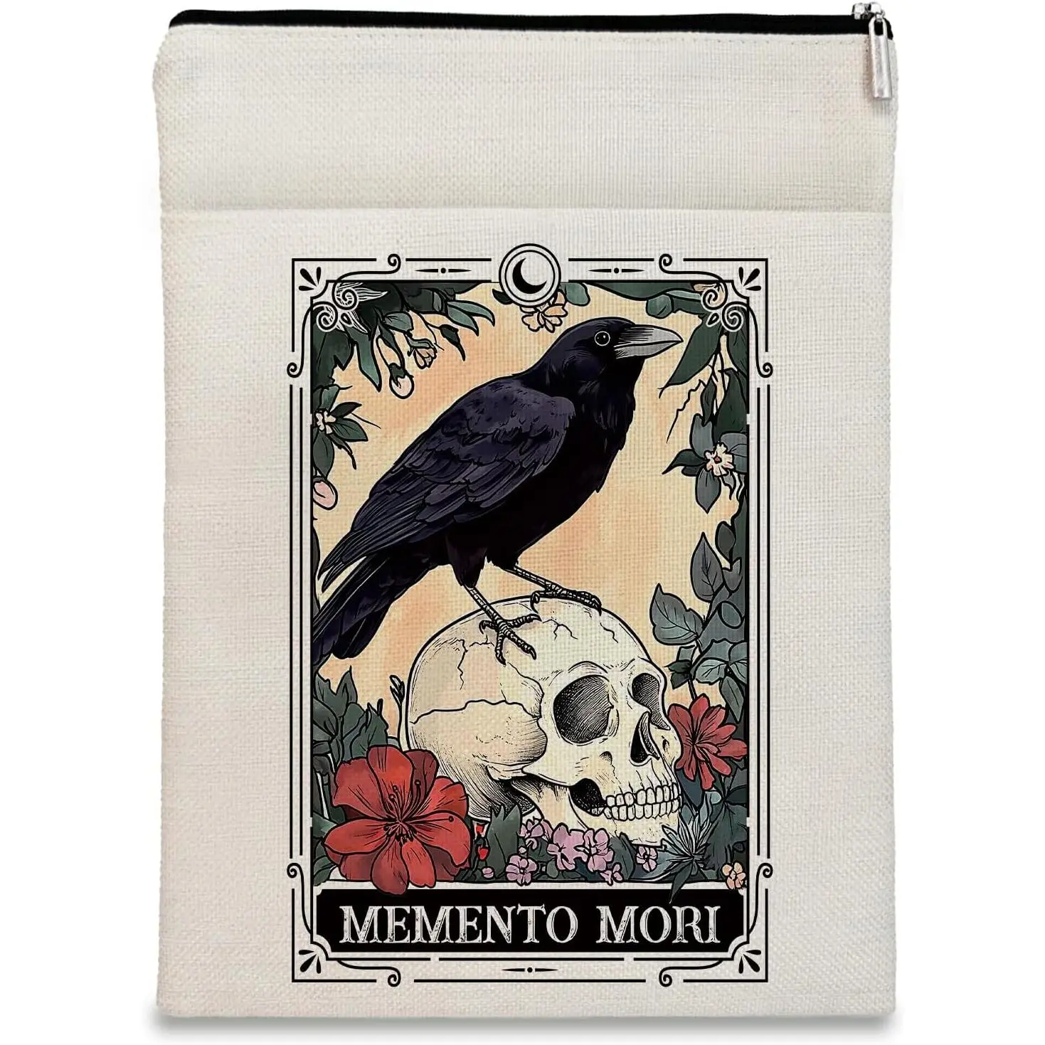 Gothic Book Sleeve , Mystical Skeleton Tarot Card Zipper Books Covers with Front Pocket Washable Book Protector Bookish Reader Book Lovers Gifts for Books Paperbacks (Crow, Large)