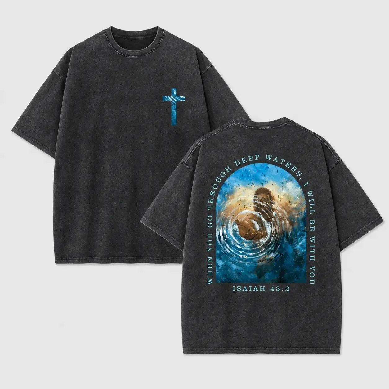 Ocean Textured Vintage Washed Through Deep Waters I Will Be With You Christian Jesus Tee Oversized Washed Cotton Double Sided Ripple Water Inlaid Cross Front Reaching Hand Water Ripple Crack Texture Arch Pain tshirt tiktok shirt Unisex Graphic T-Shirt