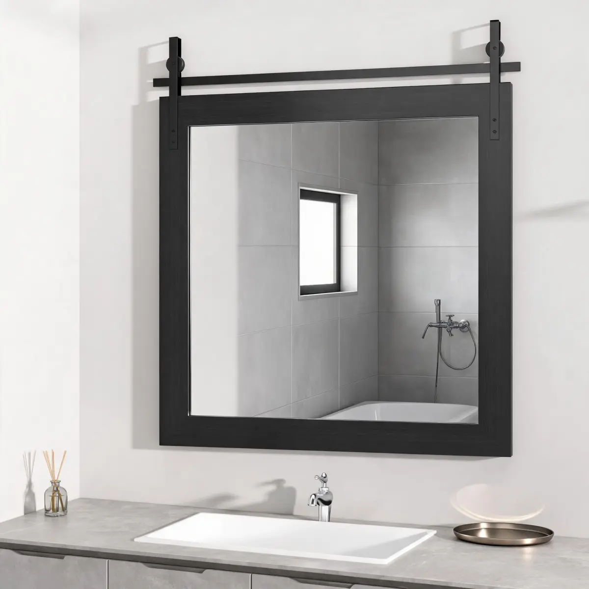 32 Inch Square Black Wall Mirror, Tempered Silver Glass Decorative Mirror with Black Metal Brackets for Bathroom Entryway Bedroom Living Room