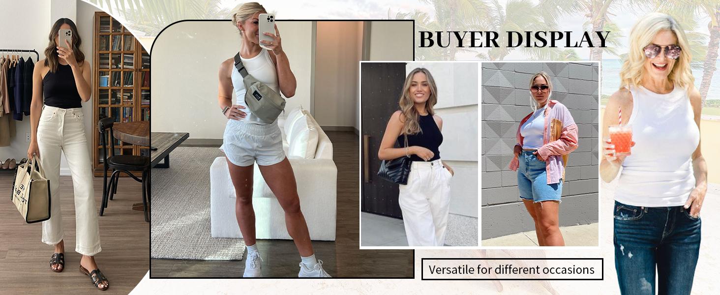 FMEYOA Women’s Workout Scoop Neck Tank Top Ribbed Sleeveless Cami Lightweight Solid Basic