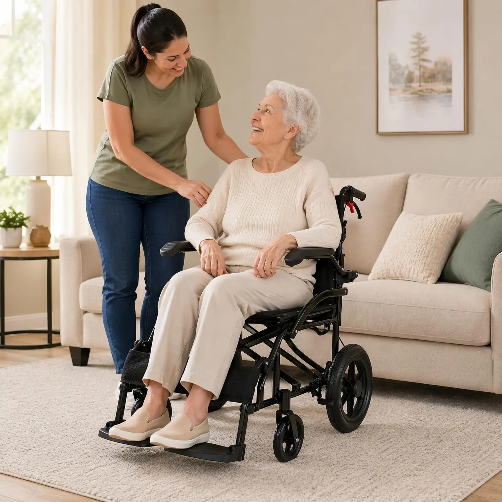 Portable Lightweight Transport Wheelchair with Hydraulic Lift  – 28.7 lbs Aluminum Frame – 180° Split Seat with Hydraulic Lift – Removable Flip-Back Armrests – Swing-Away Footrests – Dual Locking Handbra