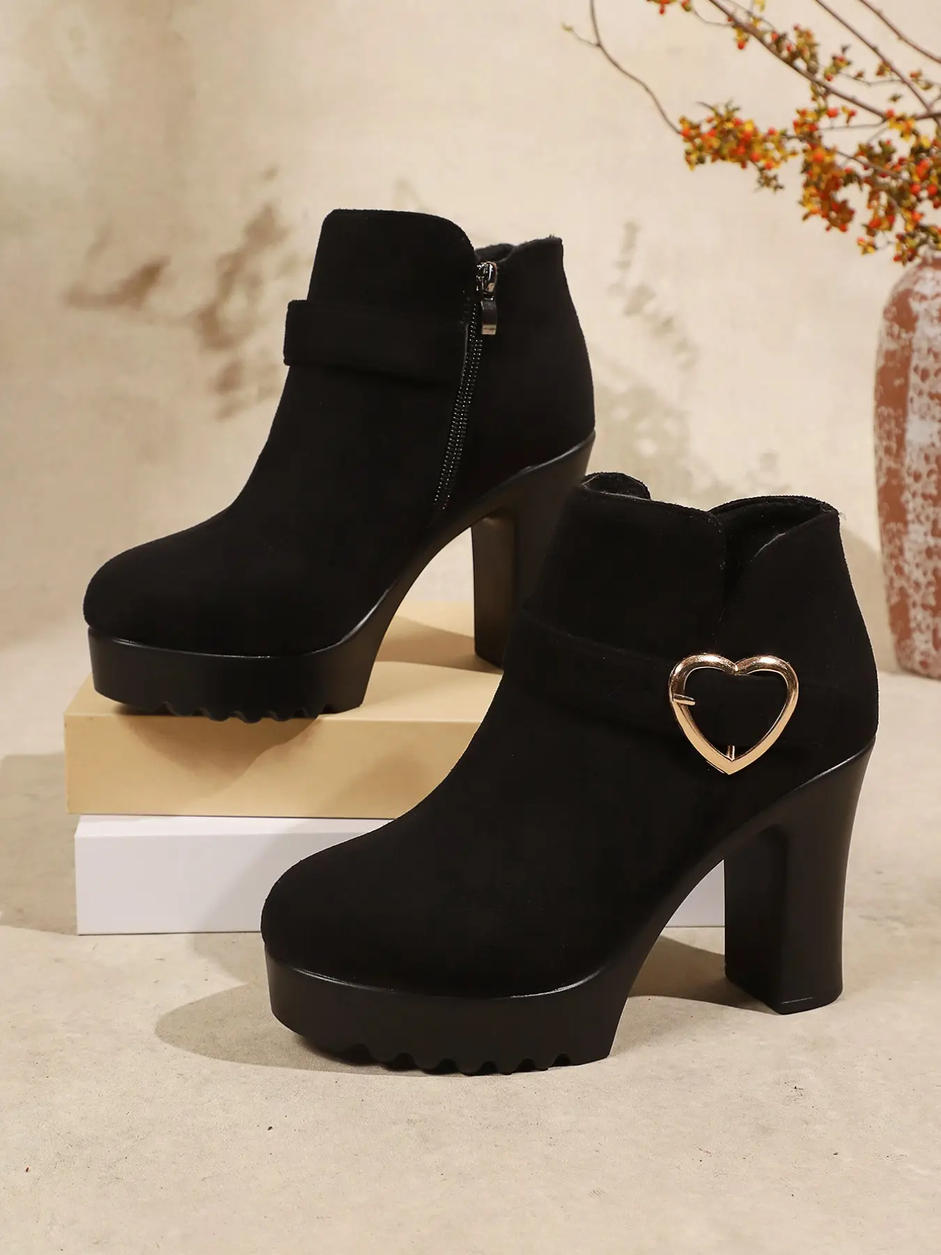 Soft Velvet Shoe Upper + Sweet Heart Buckle, Thick Sole Waterproof, Side Zipper for Easy On/off, All-Day Comfort, Perfect for Commute & Daily Wear, All Match Boots