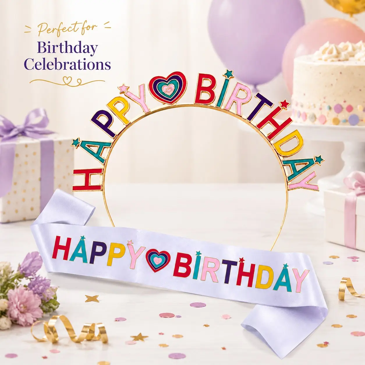 Birthday Crown Set, Fun Birthday Ribbon, Colorful Banner, Hairband, and Crown Pin, Perfect for Girl Friends Party, Wedding Photoshoot